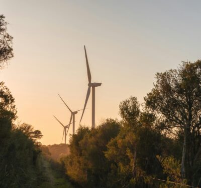 Wind turbines at sunset producing clean energy