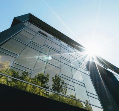 Office building with a sunny background.