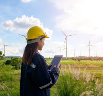 Engineer with tablet at wind farm for environmental management